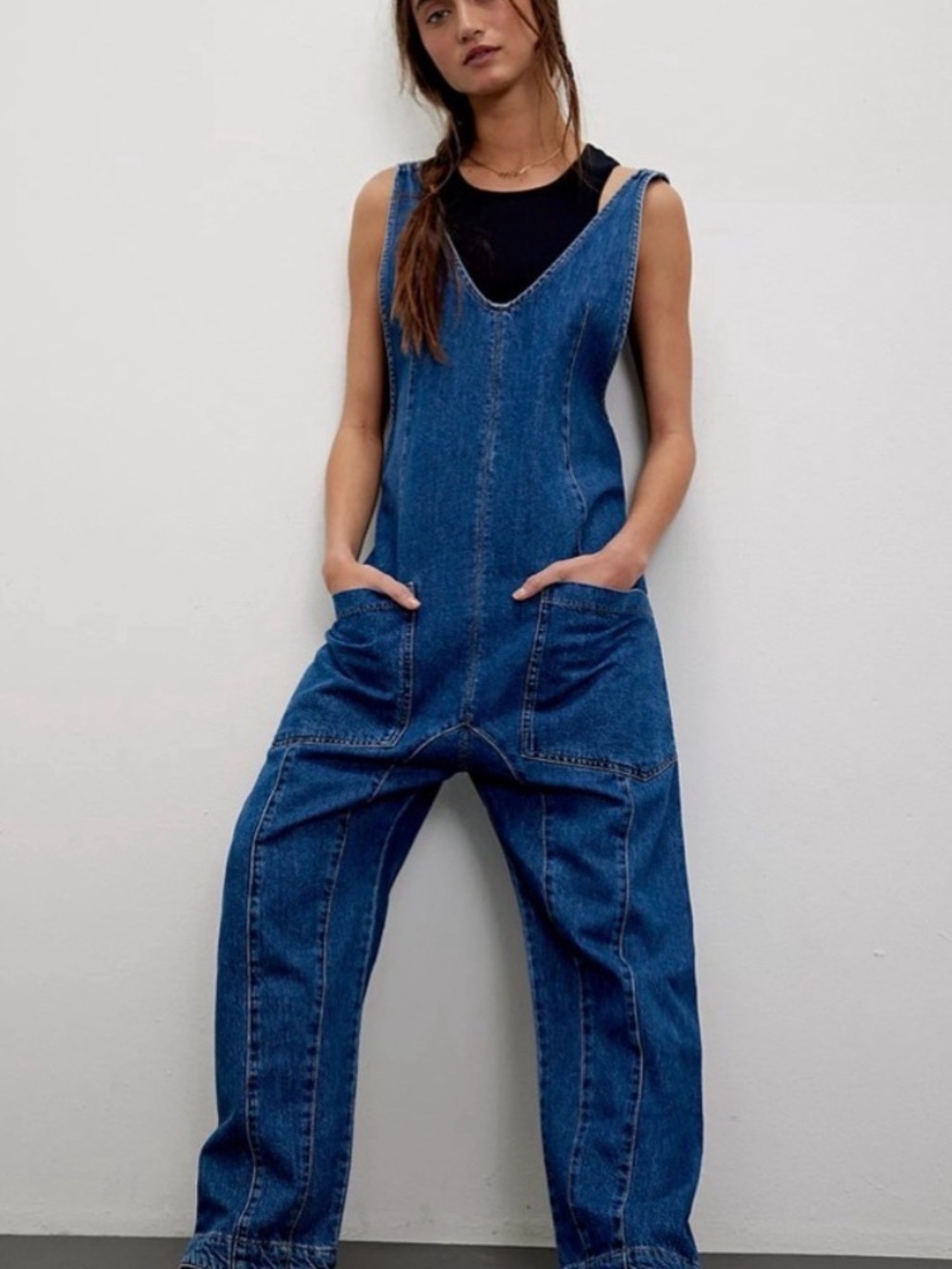 Free People Mid Wash Blue Denim Overalls